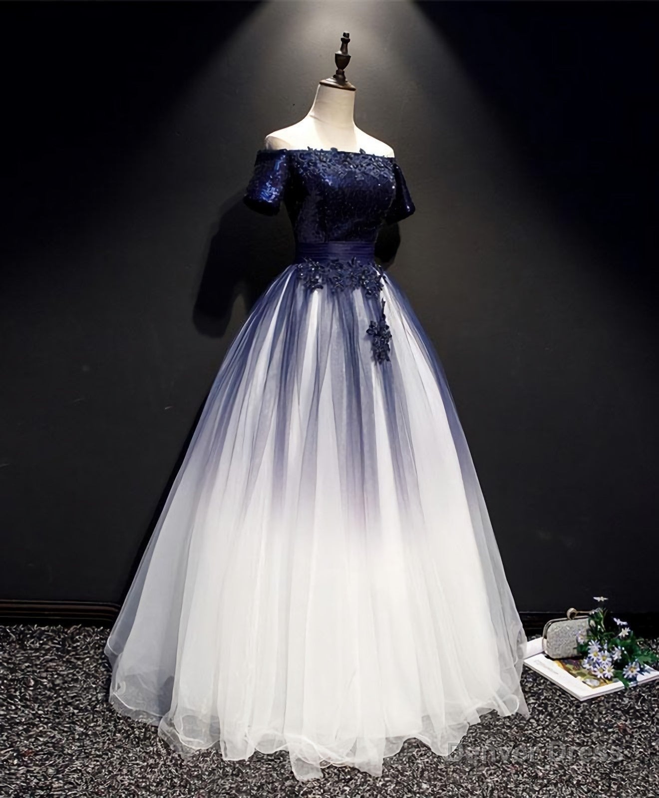 Blue Tulle Lace Long Prom Dress, Blue Tulle Lace Prom Dresses