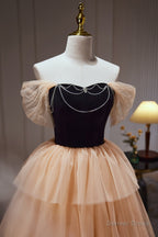 Champagne Off The Shoulder Prom Gowns A Line Tulle Long Prom Dresses