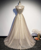 Champagne Round Neck Sequin Long Prom Dresses, Tulle Formal Dresses