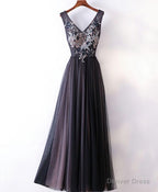 Black V Neck Lace Applique Tulle Long Prom Dress, Black Prom Dresses