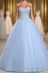Light Blue Ball Gown Floor Length Sweetheart Strapless Sleevless Beading Prom Dresses