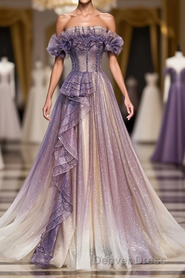 Purple Tulle Sequin Long Prom Dress, Purple Tulle Prom Dresses