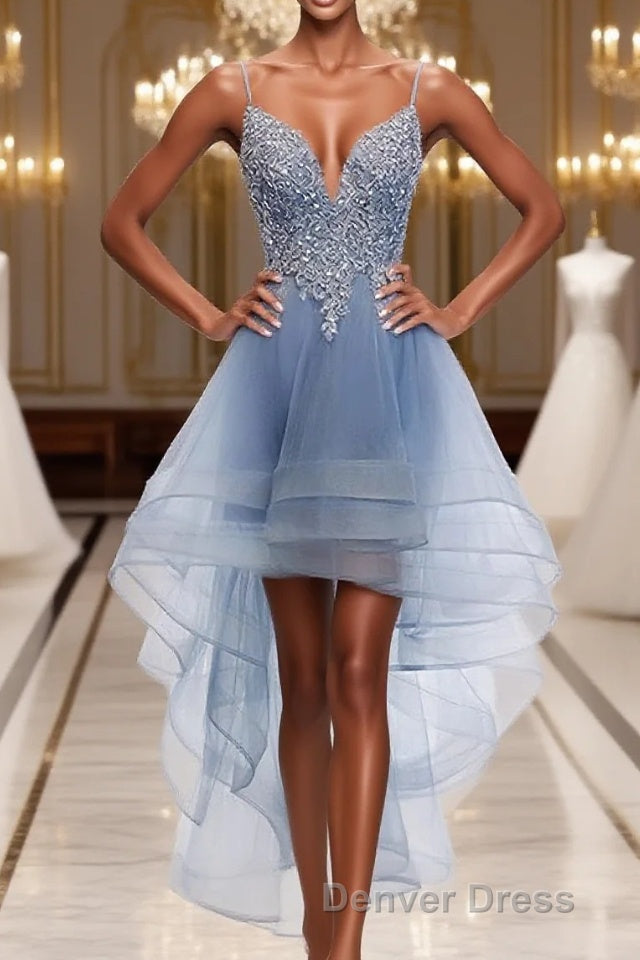 Blue Sweetheart Tulle Lace High Low Prom Dresses, Blue Homecoming Dresses Main image