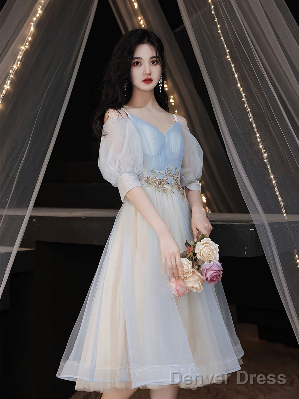 Blue A Line Tulle Lace Short Prom Dress Blue Homecoming Dresses