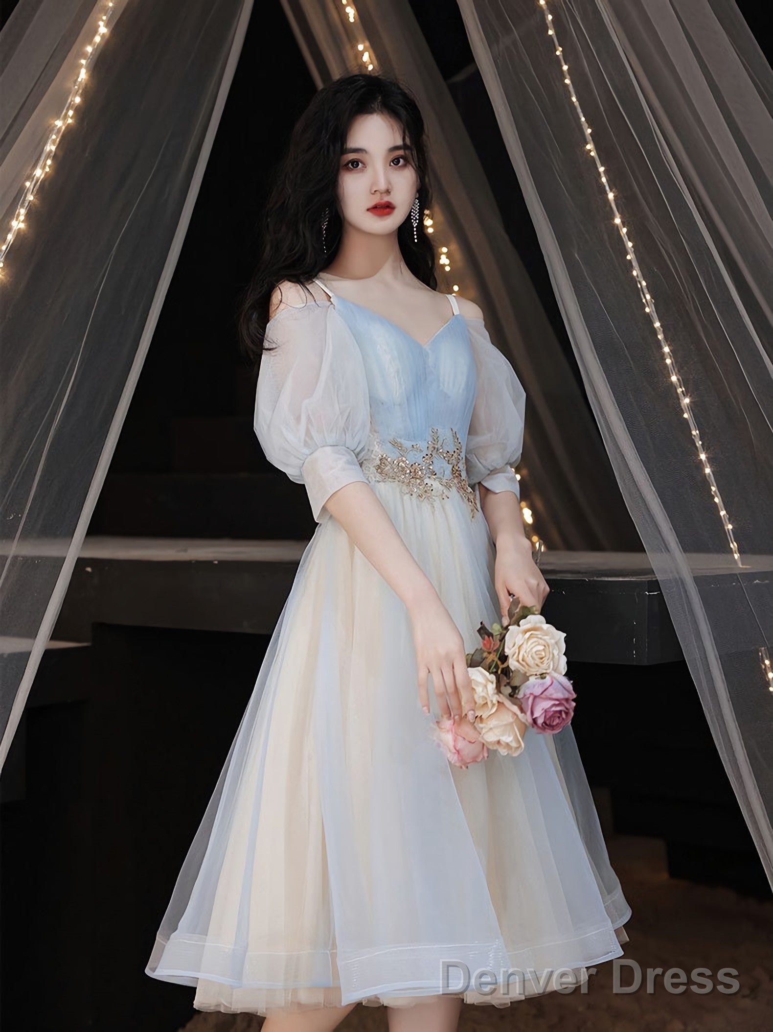 Blue A Line Tulle Lace Short Prom Dress Blue Homecoming Dress