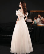 Champagne Tulle Lace Off Shoulder Long Prom Dress Tulle Prom Dresses