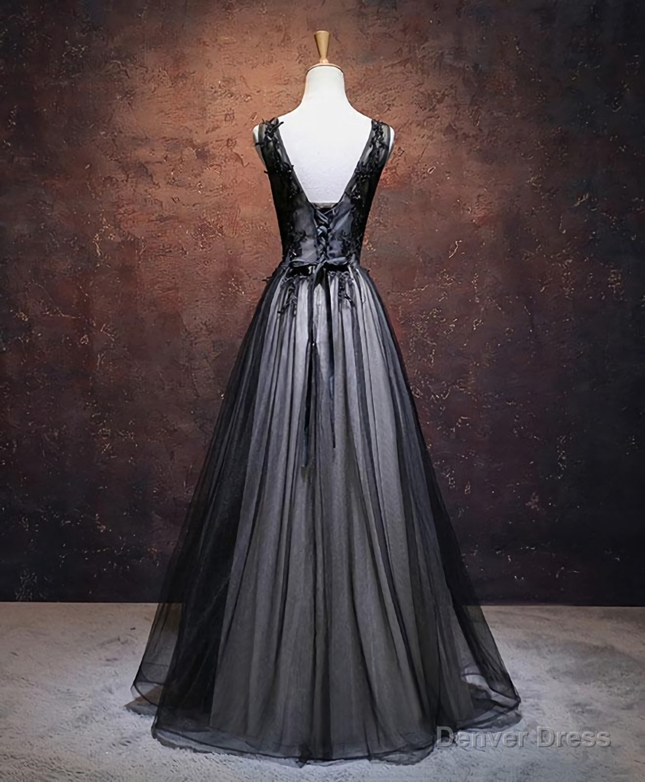 Black V Neck Tulle Lace Applique Long Prom Dress, Black Prom Dresses, 1