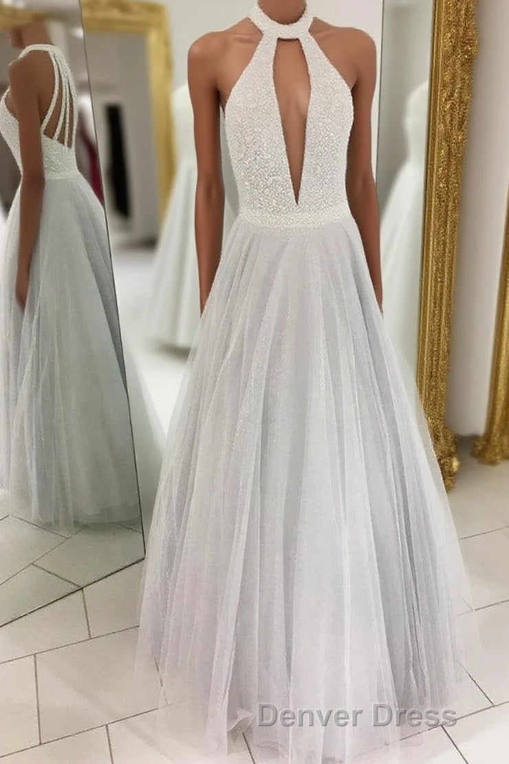 Gray A Line Floor Length Halter Sleeveless Beading Prom Dresses Main image