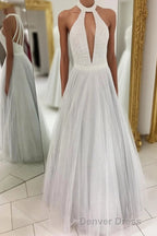 Gray A Line Floor Length Halter Sleeveless Beading Prom Dresses