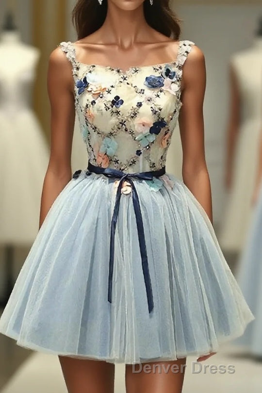 Gray Blue Tulle Short Prom Dresses, Tulle Homecoming Dresses
