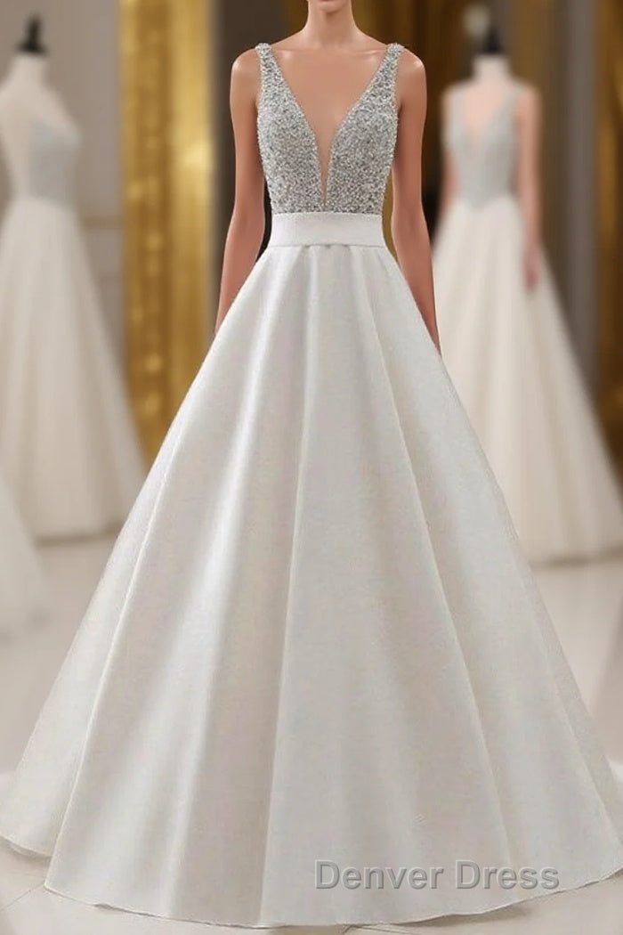 A Line Brush Train Deep V Neck Sleeveless Beading Prom Dresses