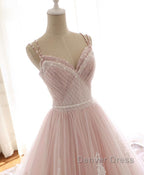 Pink Sweetheart Lace Tulle Long Prom Dress, Lace Pink Prom Dresses
