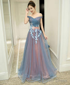 Gray Blue Tulle Off Shoulder Long Prom Dress Gray Blue Prom Dresses