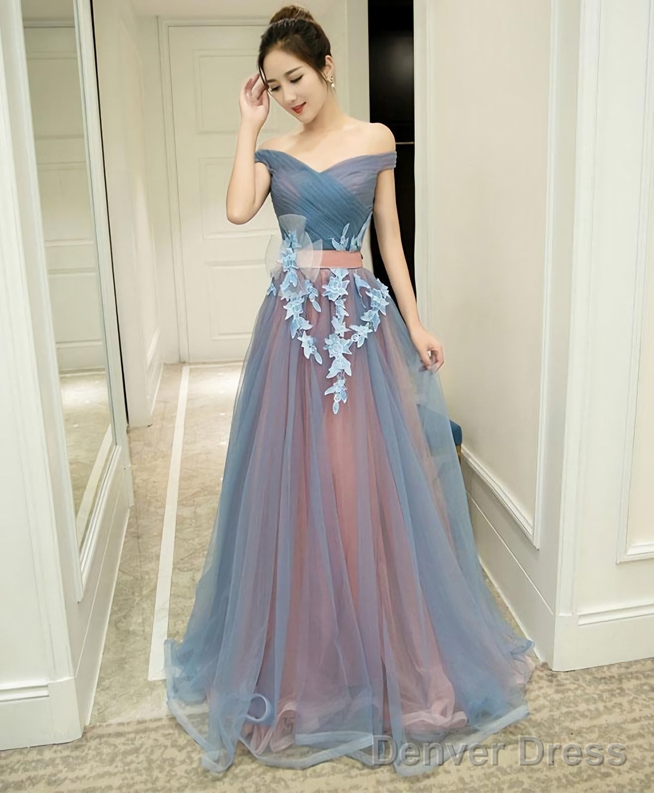 Gray Blue Tulle Off Shoulder Long Prom Dress Gray Blue Prom Dresses