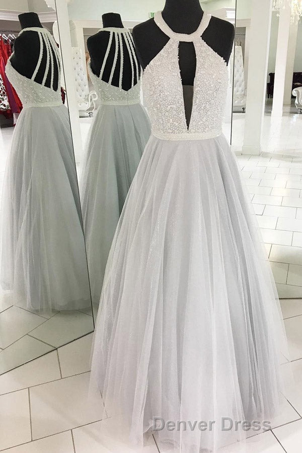 Gray A Line Floor Length Halter Sleeveless Beading Prom Dresses Secondary image