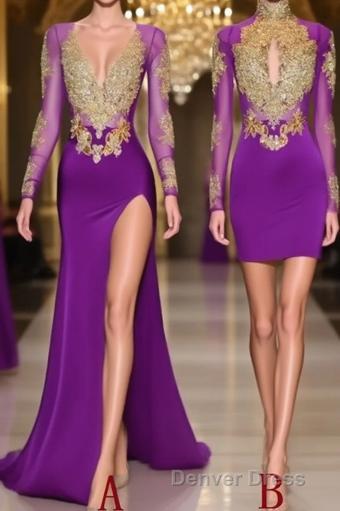 Unique Prom Dresses, Long Sleeve High Neck Beaded Split Prom Dresses Main image
