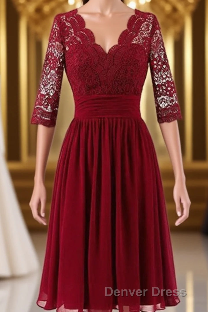 Burgundy A Line Knee Length V Neck 1 2 Sleeve Hollow Bridesmaid Dresses Main image