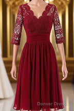 Burgundy A Line Knee Length V Neck 1 2 Sleeve Hollow Bridesmaid Dresses