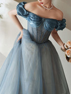 Blue Sweetheart Off Shoulder Tulle Long Prom Dress Blue Prom Dresses