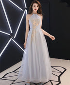 Gray Tulle Lace Long Prom Dress Gray Tulle Prom Dresses 4
