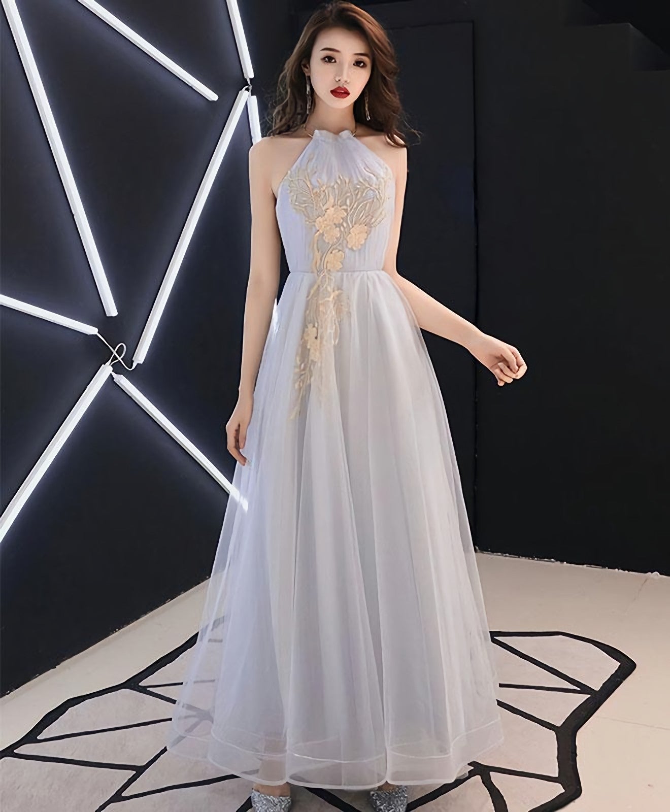 Gray Tulle Lace Long Prom Dress Gray Tulle Prom Dresses 4