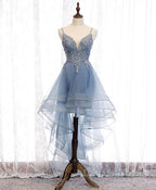 Pink Tulle Lace High Low Prom Dress, Pink Homecoming Dresses, 1