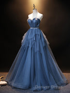 Blue Sweetheart Neck Tulle Long Prom Dress, Blue Prom Dresses