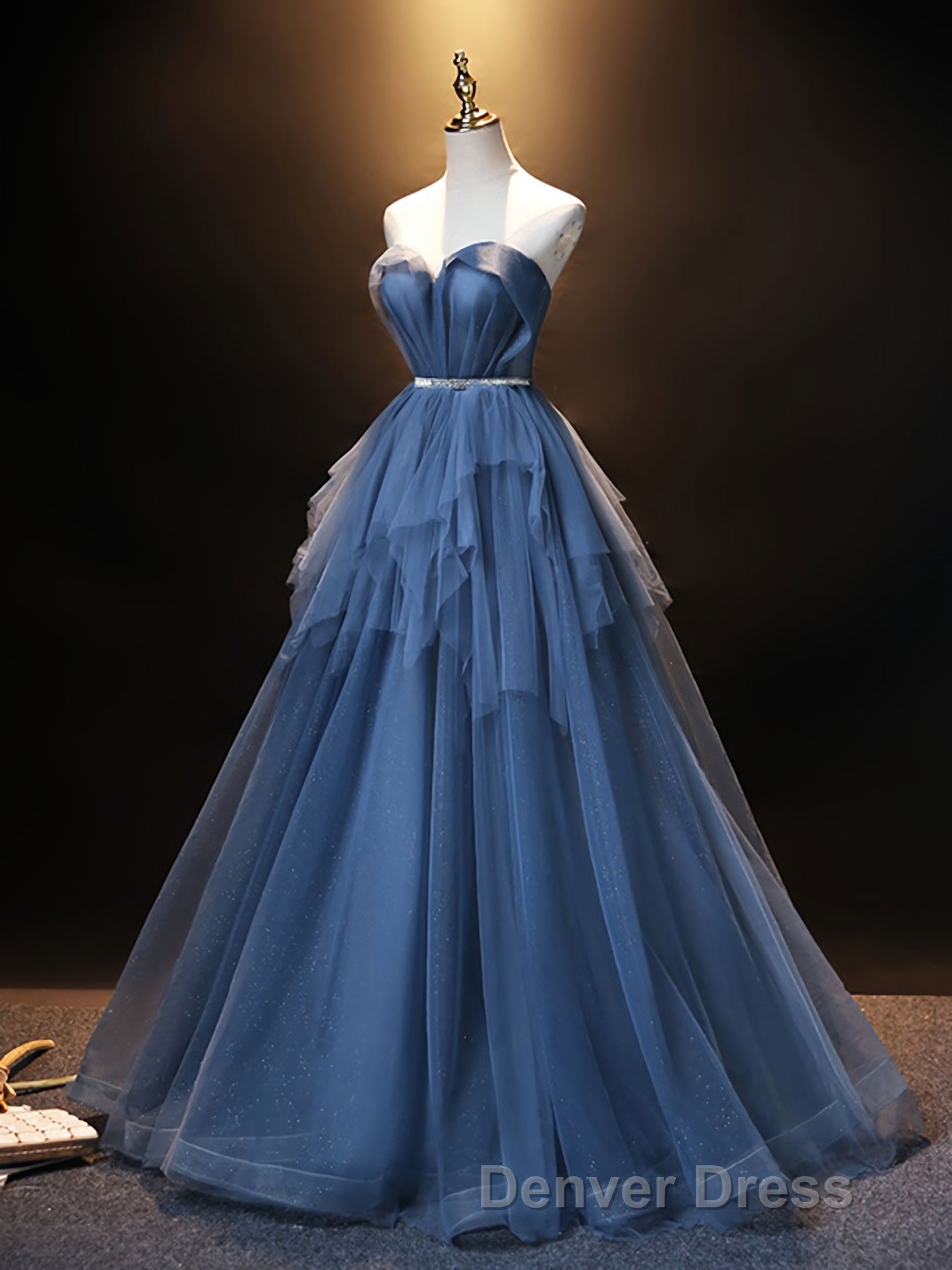 Blue Sweetheart Neck Tulle Long Prom Dress, Blue Prom Dresses