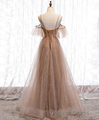 Champagne Tulle Sequin Long Prom Dress, Champagne Prom Dresses