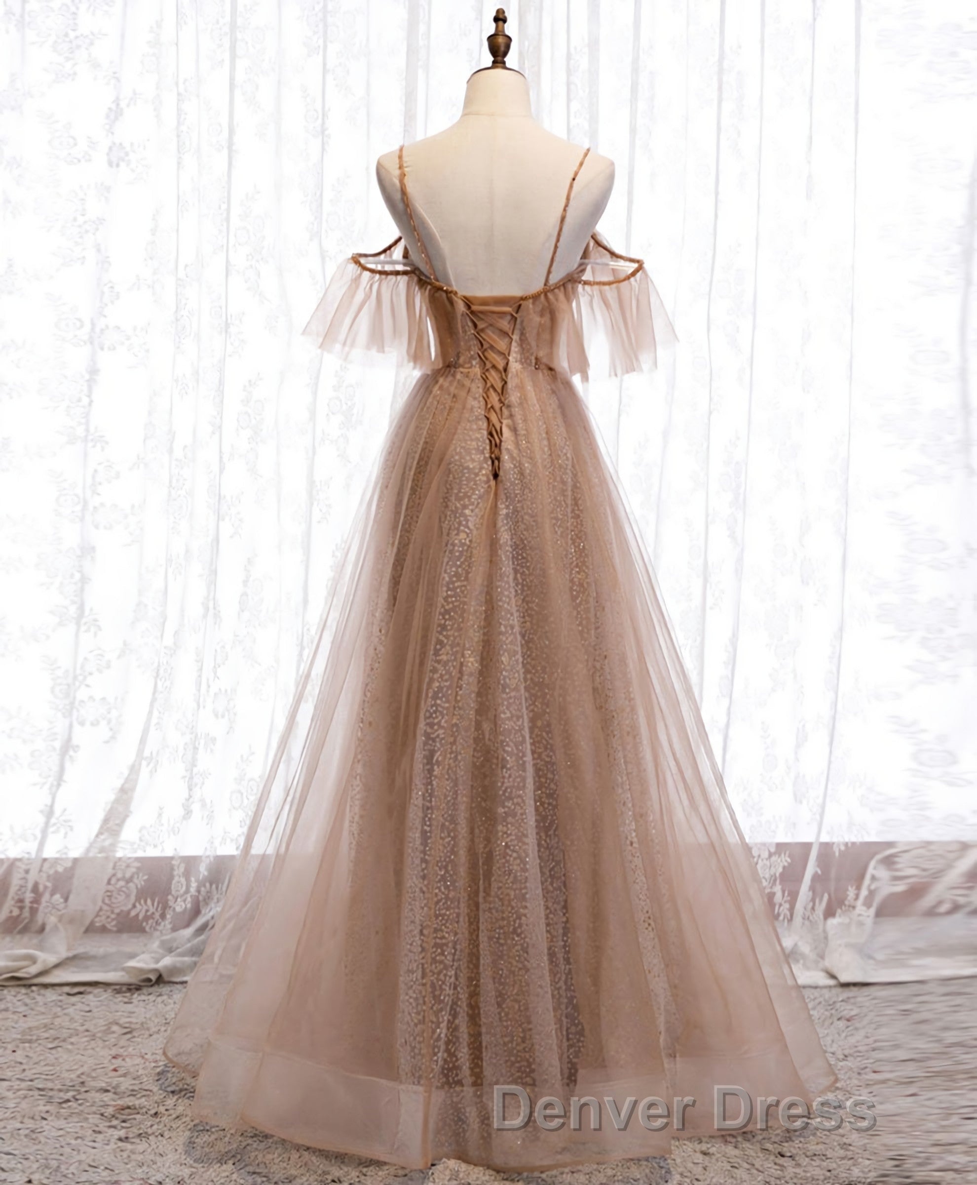 Champagne Tulle Sequin Long Prom Dress, Champagne Prom Dresses