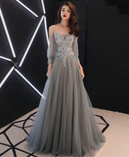 Gray Sweetheart A Line Tulle Lace Long Prom Dress Gray Prom Dresses