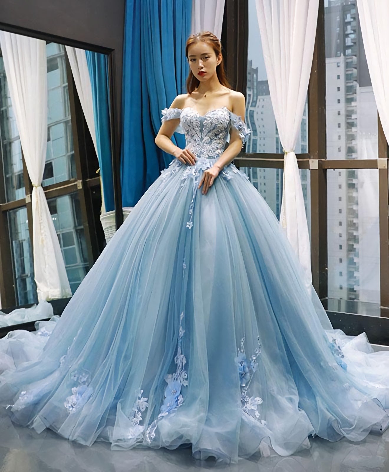 Blue Off Shoulder Tulle Lace Long Prom Gowns Blue Prom Dresses