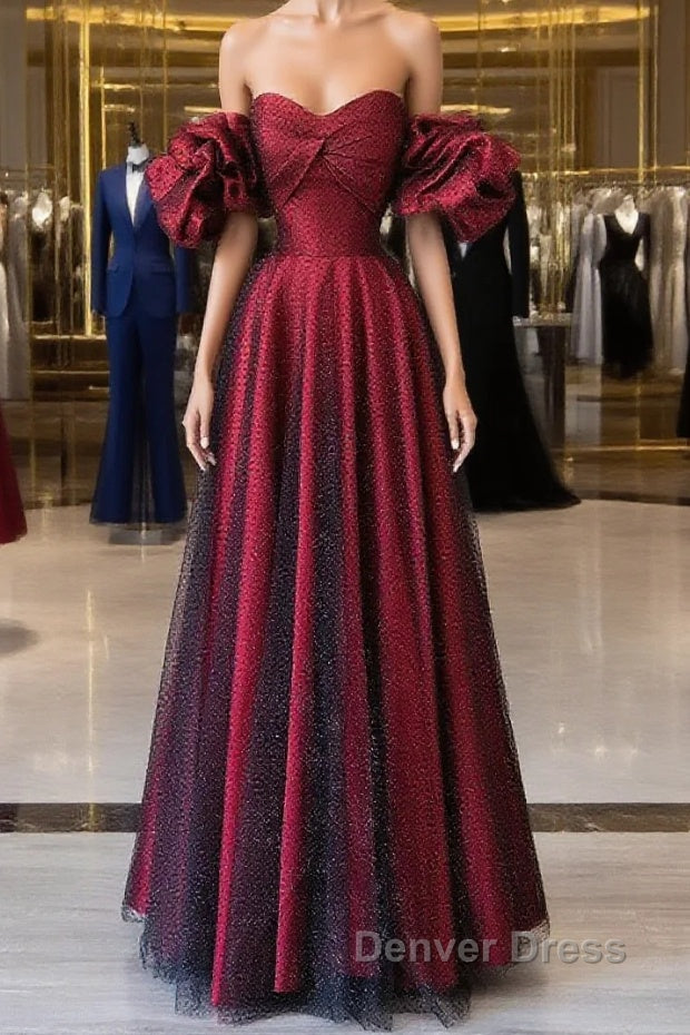 Off Shoulder Wine Red Sweetheart Tulle Prom Dress, A Line Wine Red Prom Dresses