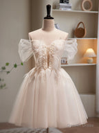 Champagne Tulle Sequins Short Prom Dress, Cute A Line Homecoming Dresses