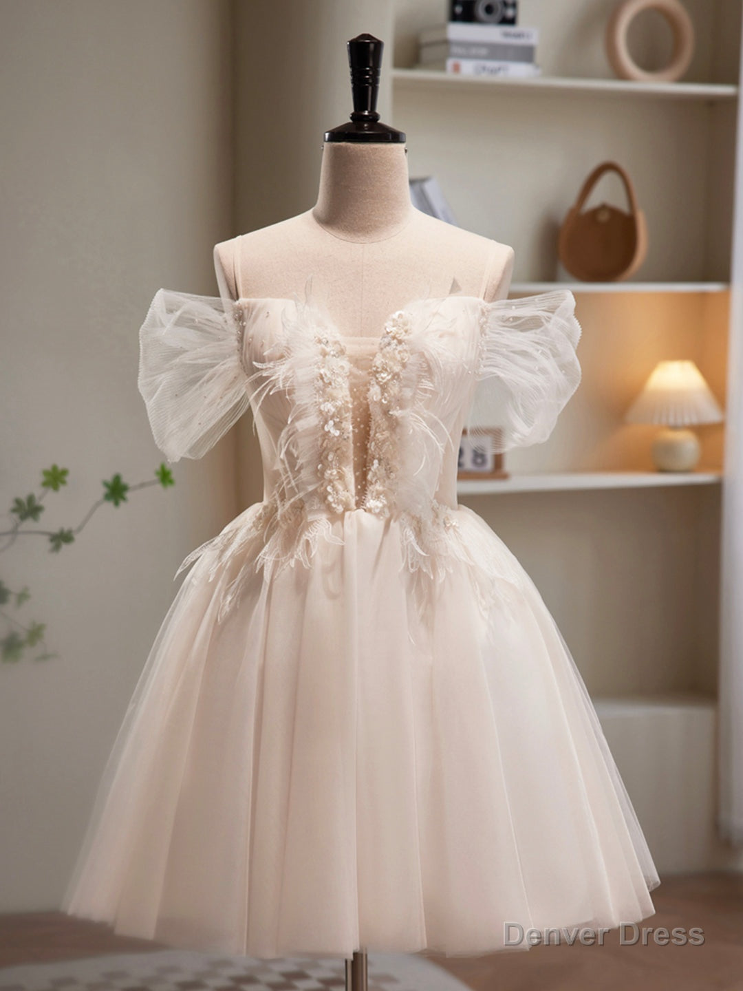 Champagne Tulle Sequins Short Prom Dress, Cute A Line Homecoming Dresses