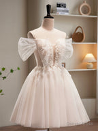 Champagne Tulle Sequins Short Prom Dress, Cute A Line Homecoming Dresses