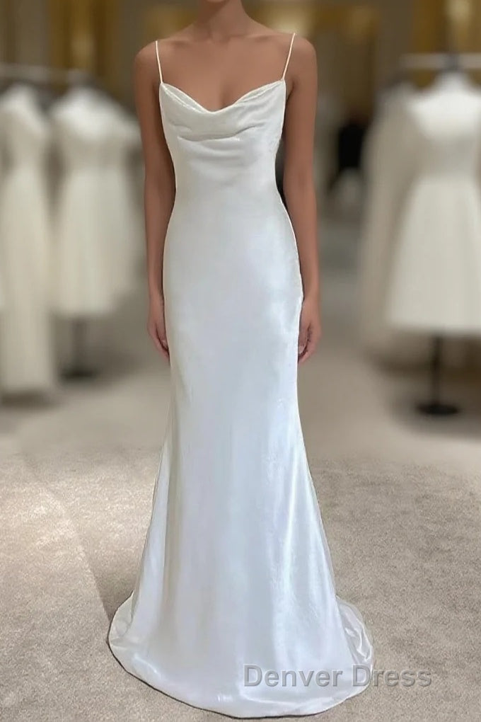 White Soft Satin Straps Simple Long Wedding Prom Dress, White Long Prom Dresses Main image