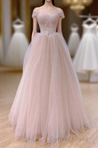Pink Sweetheart Tulle Beaded Long Party Dresses, Pink Tulle Prom Dresses Evening Dresses
