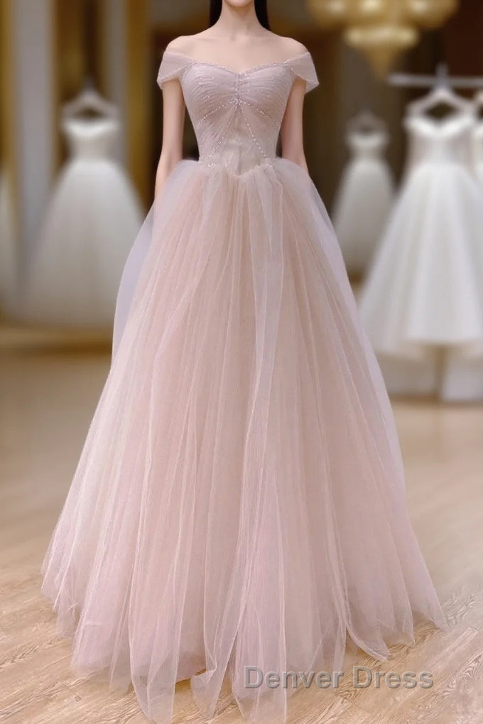 Pink Sweetheart Tulle Beaded Long Party Dresses, Pink Tulle Prom Dresses Evening Dresses