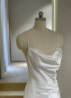 White Soft Satin Straps Simple Long Wedding Prom Dress, White Long Prom Dresses