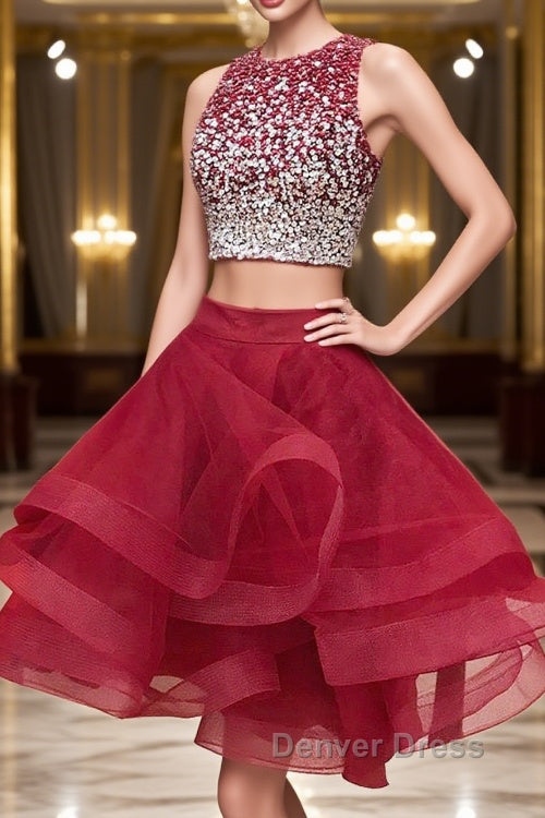 2 Pieces Short Burgundy Prom Dresses, Two Pieces Short Wine Red Beaded Graduation Homecoming Dresses Main image