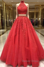 2 Pieces Tulle Lace Prom Dress, Two Pieces Prom Dresses