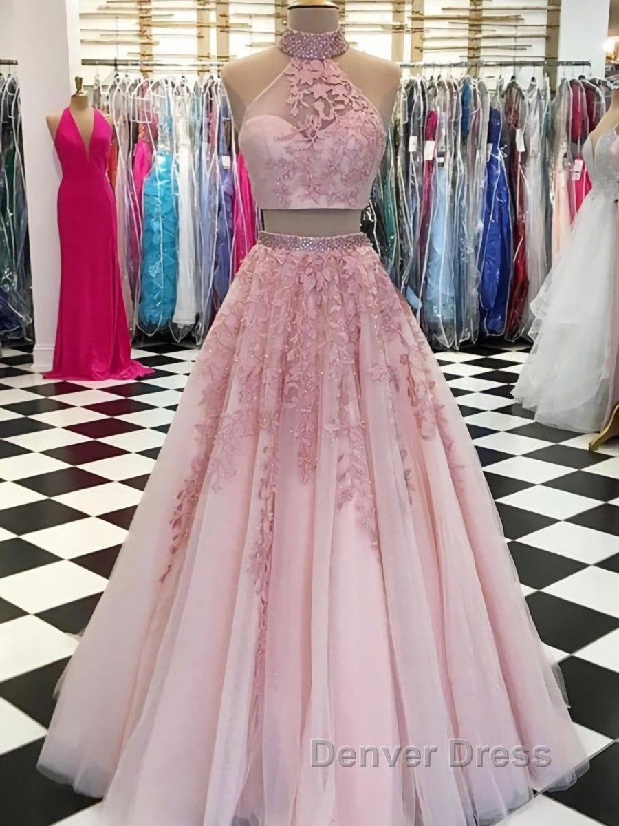 2 Pieces Tulle Lace Prom Dress, Two Pieces Prom Dresses