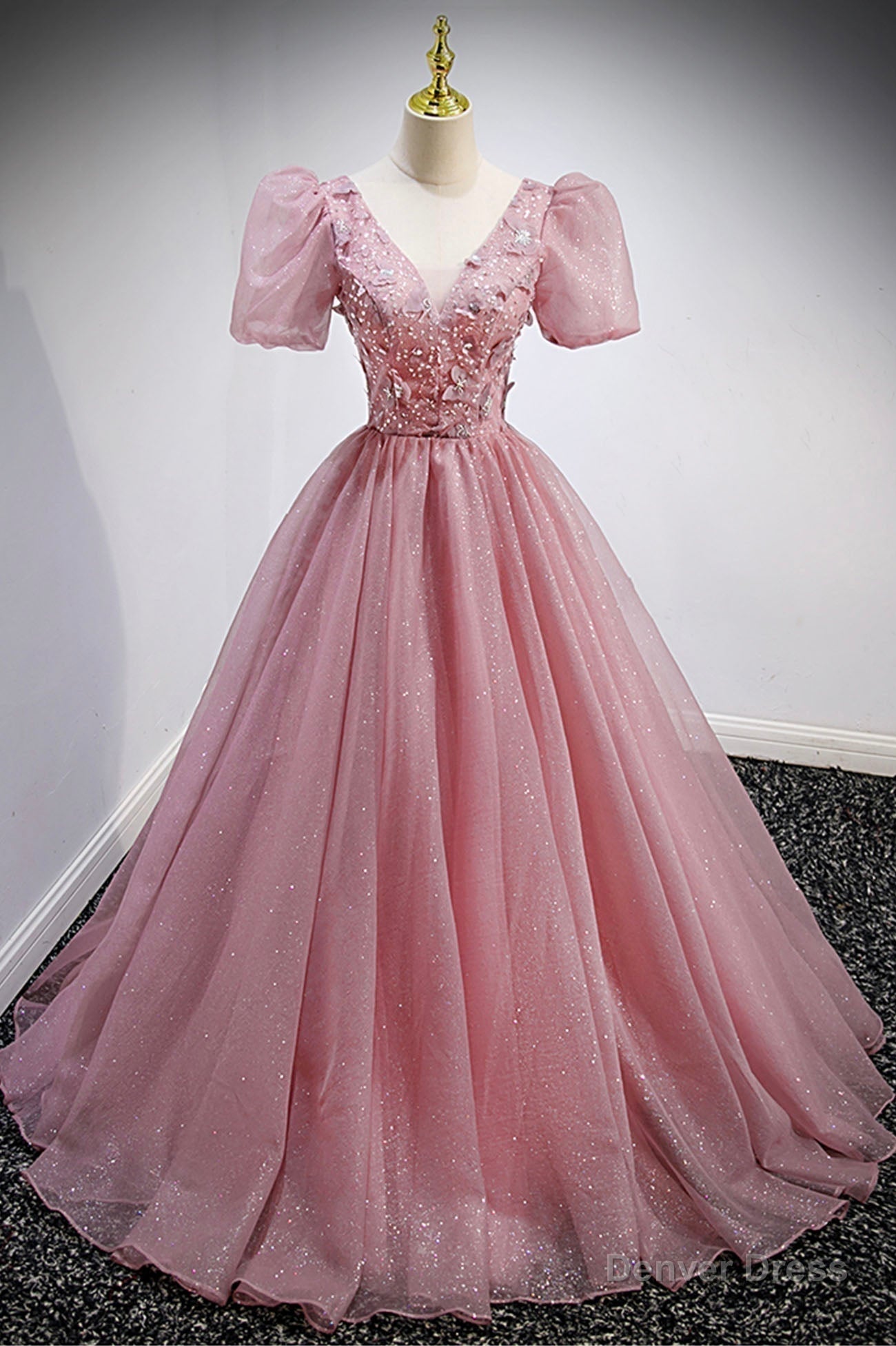 Pink V-Neck Tulle Long Prom Dresses, A-Line Evening Party Dresses Main image