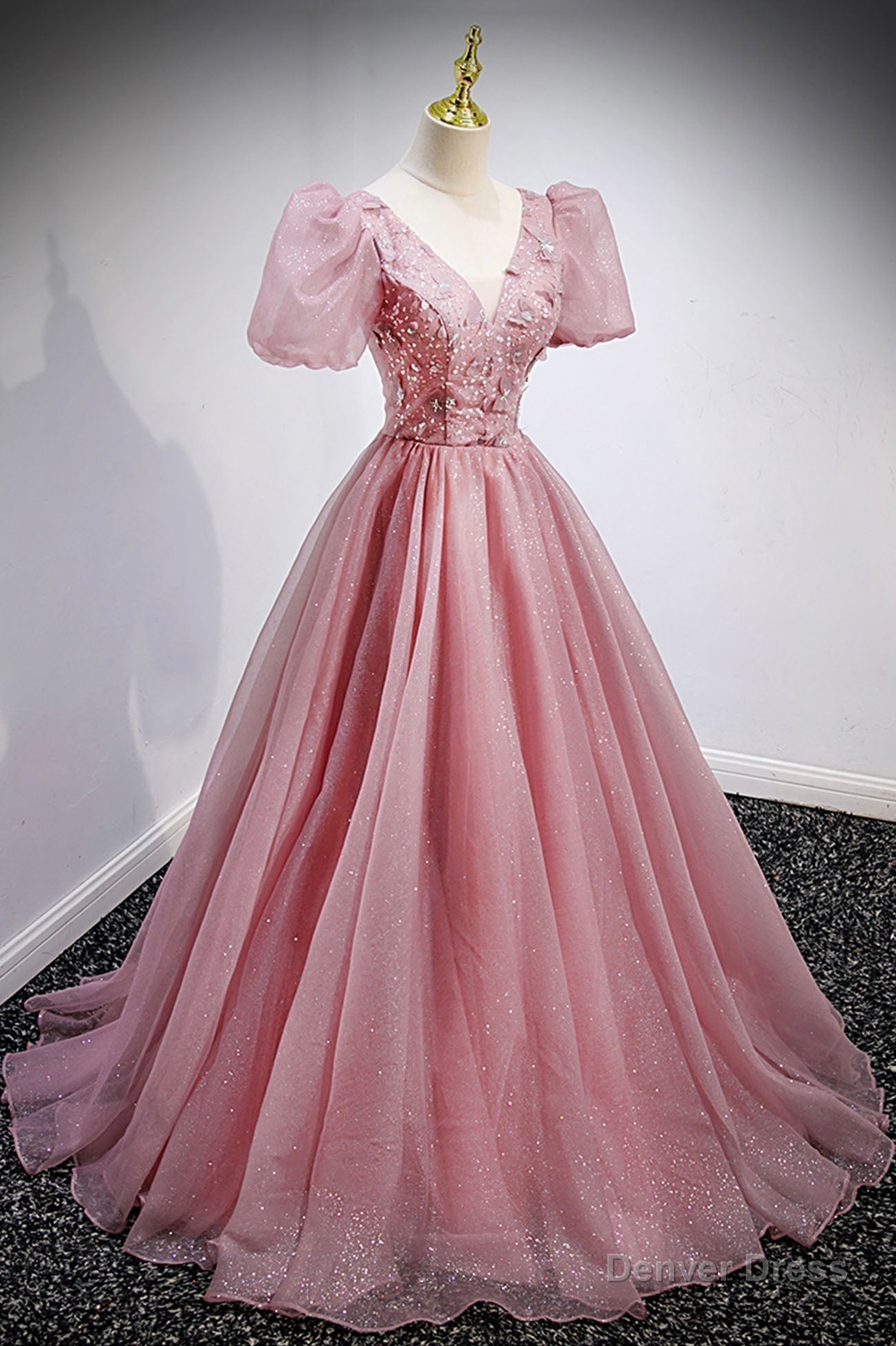 Pink V-Neck Tulle Long Prom Dresses, A-Line Evening Party Dresses Secondary image