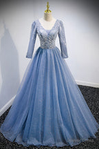 Blue V-Neck Tulle Beading Long Prom Dresses, Long Sleeve Evening Dresses