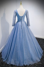 Blue V-Neck Tulle Beading Long Prom Dresses, Long Sleeve Evening Dresses