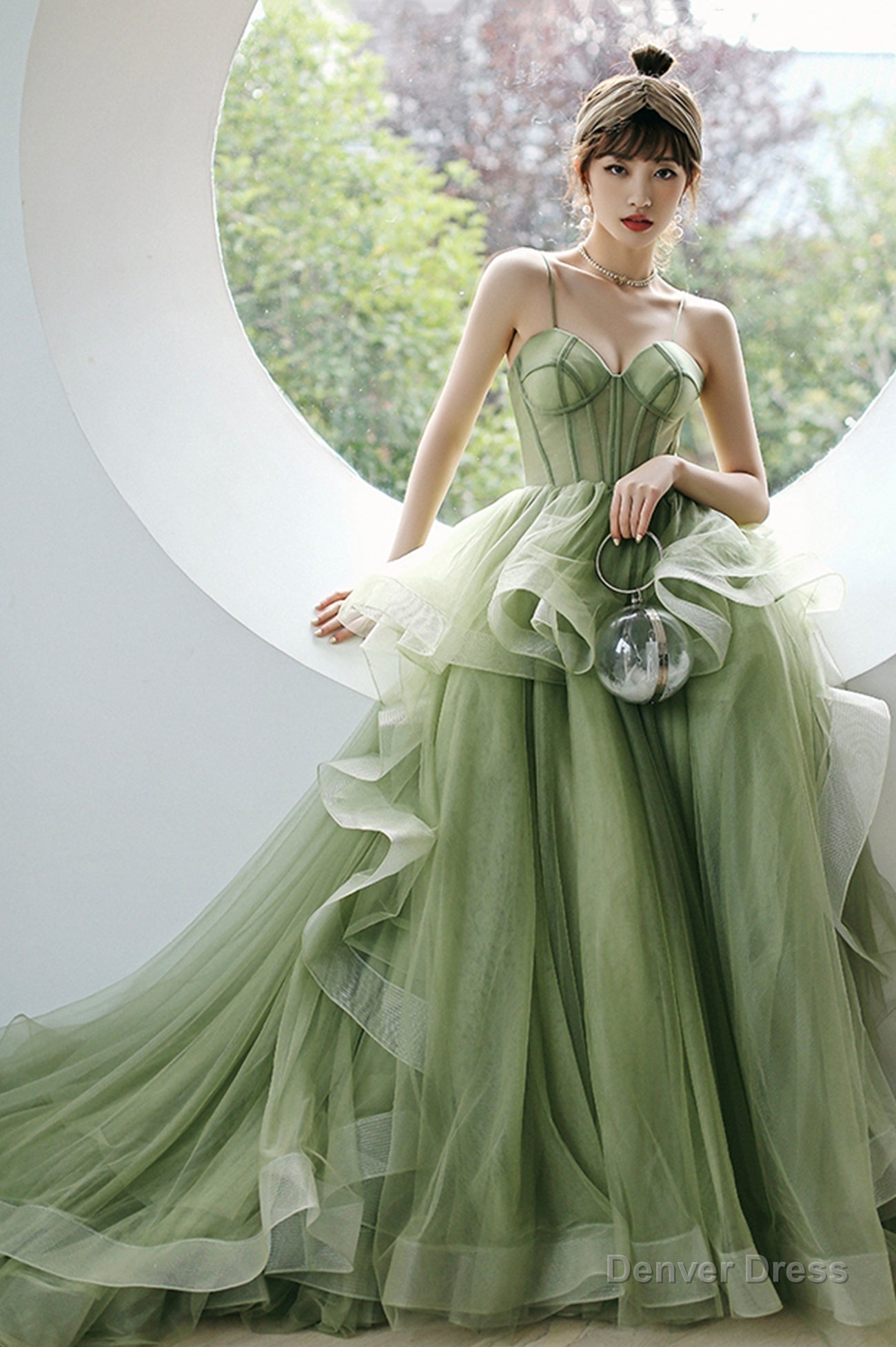 Green Tulle Long A-Line Evening Dress, Green Spaghetti Straps Prom Dress Main image