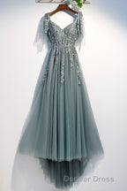 Purple Tulle Lace Long Prom Dress, A Line Prom Dresses