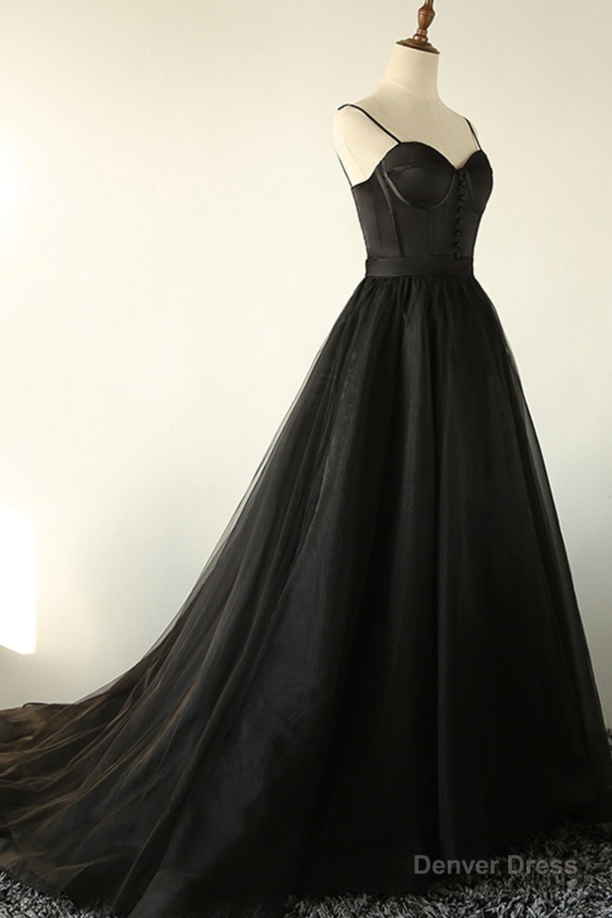 Black A-Line Spaghetti Strap Long Prom Dresses, Black Evening Dresses Main image